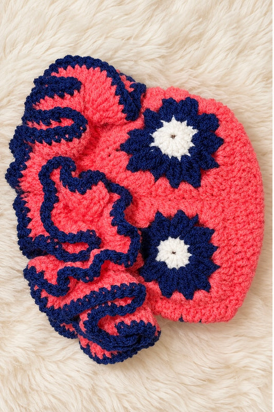 Handmade Crochet Ruffle Bucket Hat – Coral Pink & Navy Blue Floral Hat