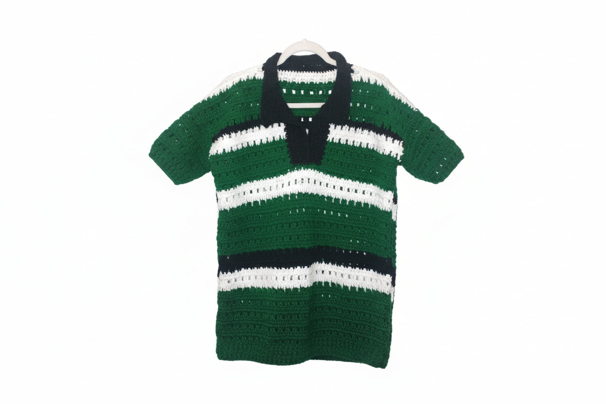 Men's Green & White Striped Polo Shirt