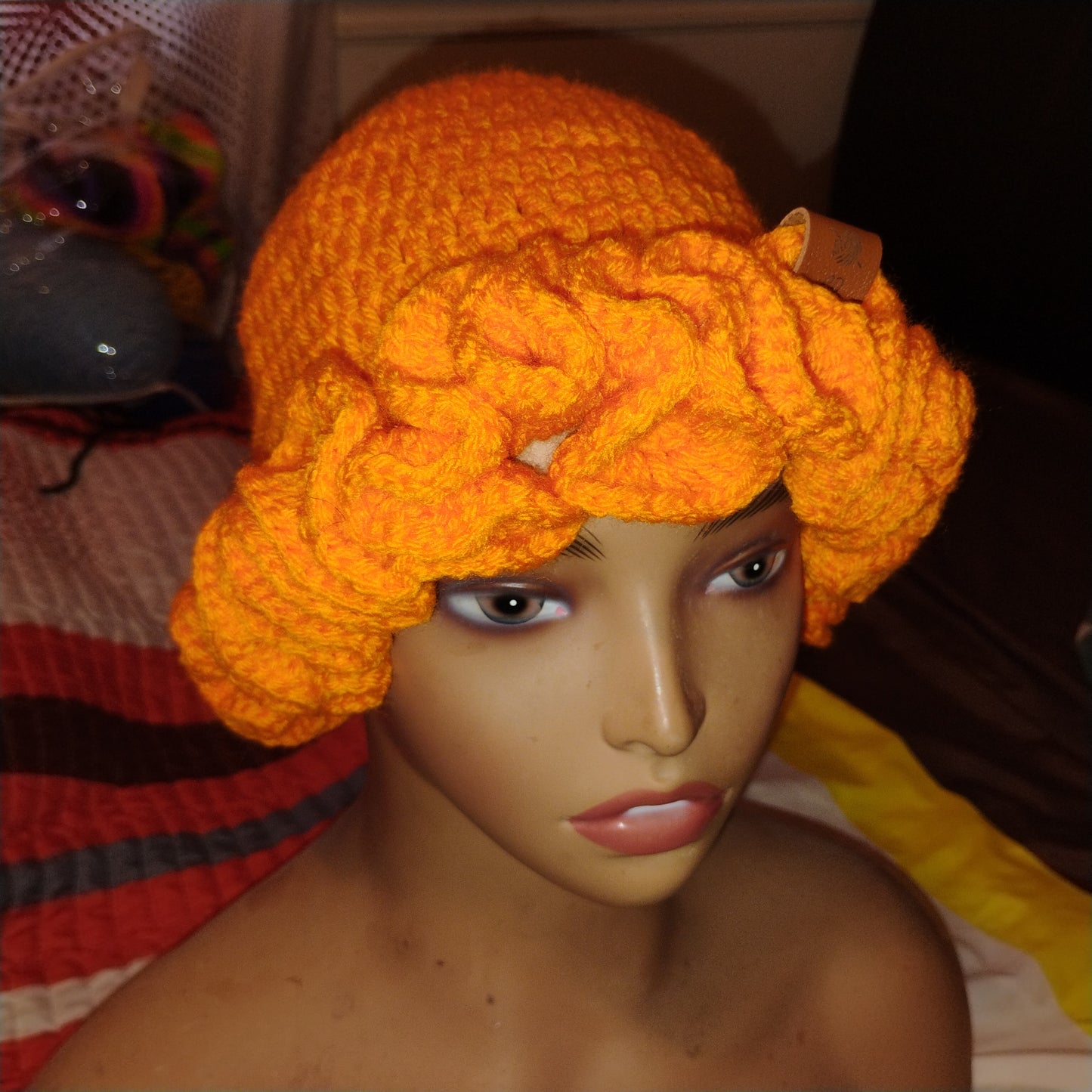 Handmade Crochet Ruffle Hat – Soft, Stretchy, Stylish Winter Bonnet (Bright Orange)