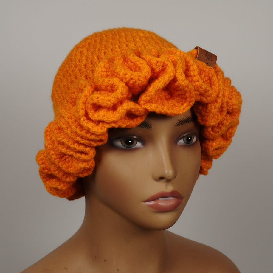 Handmade Crochet Ruffle Hat – Soft, Stretchy, Stylish Winter Bonnet (Bright Orange)