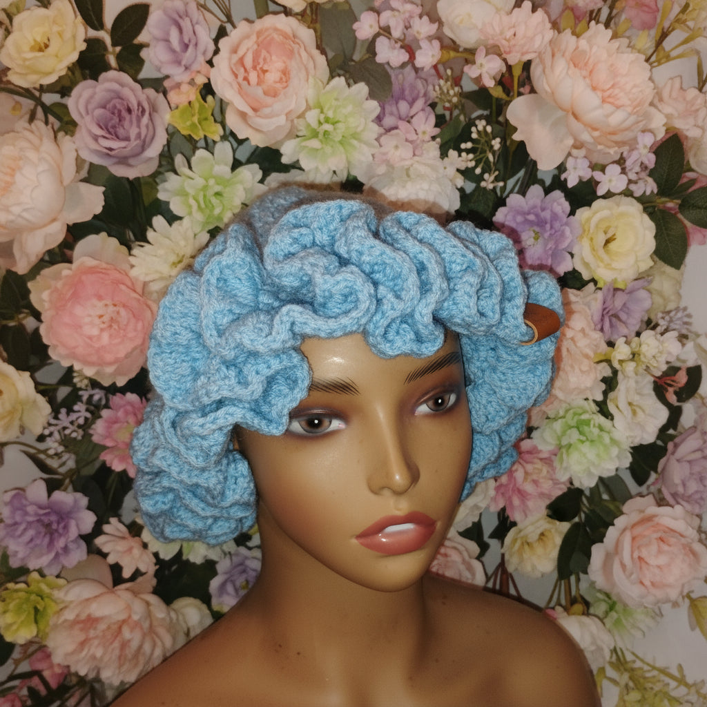 Handmade Blue Crochet Flower Bucket Hat – Women’s Ruffle Summer