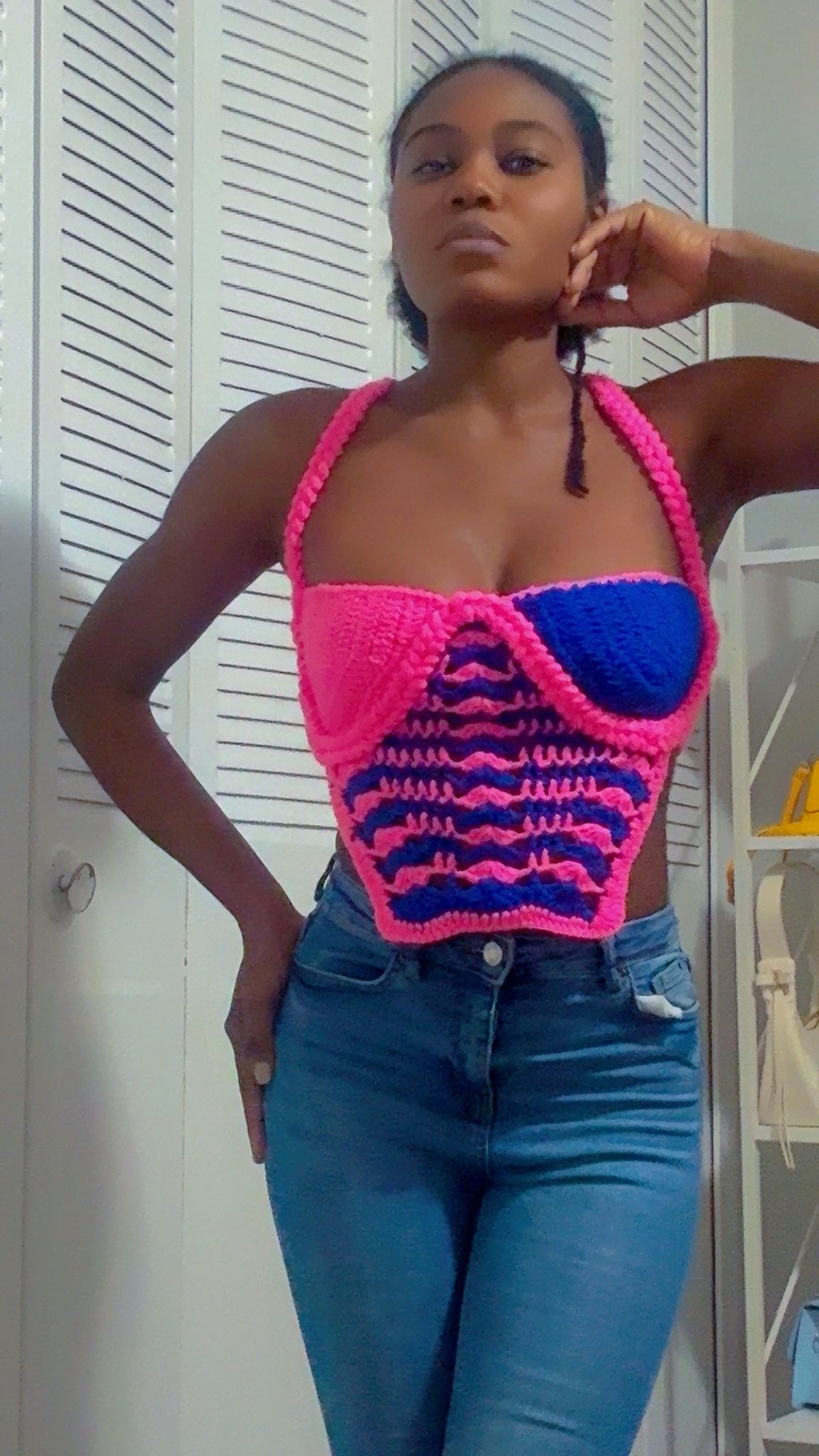 Handmade Blue & Pink Crochet Crop Top – Adjustable, Stretchy, Summer Wear