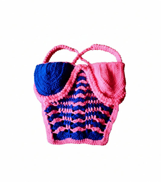 Handmade Blue & Pink Crochet Crop Top – Adjustable, Stretchy, Summer Wear