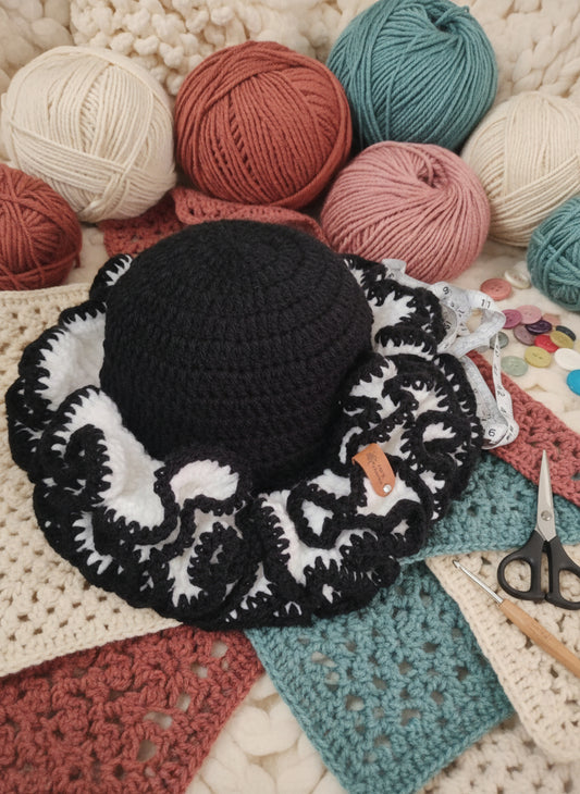 Black & White Ruffle Crochet Bucket Hat Handmade