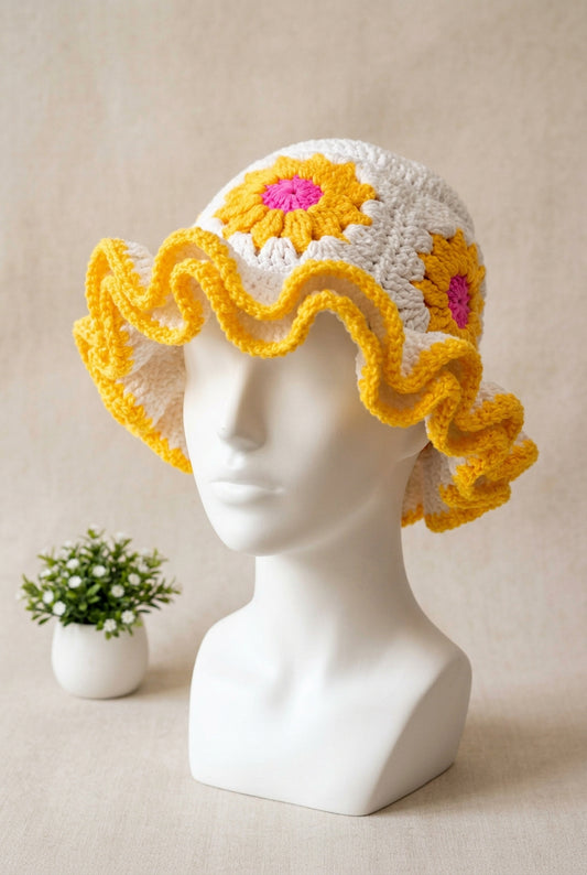 Handmade Crochet Ruffle Bucket Hat – Yellow & White Sunflower Hat with Pink Floral Center.