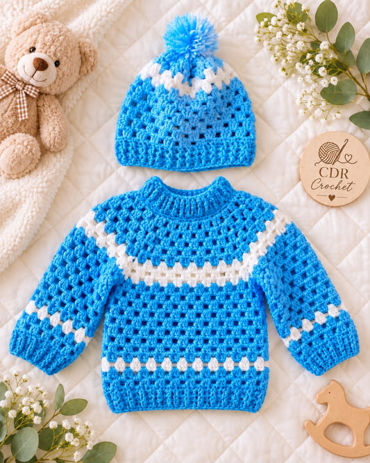 Handmade Bleu & white Crochet Baby Set