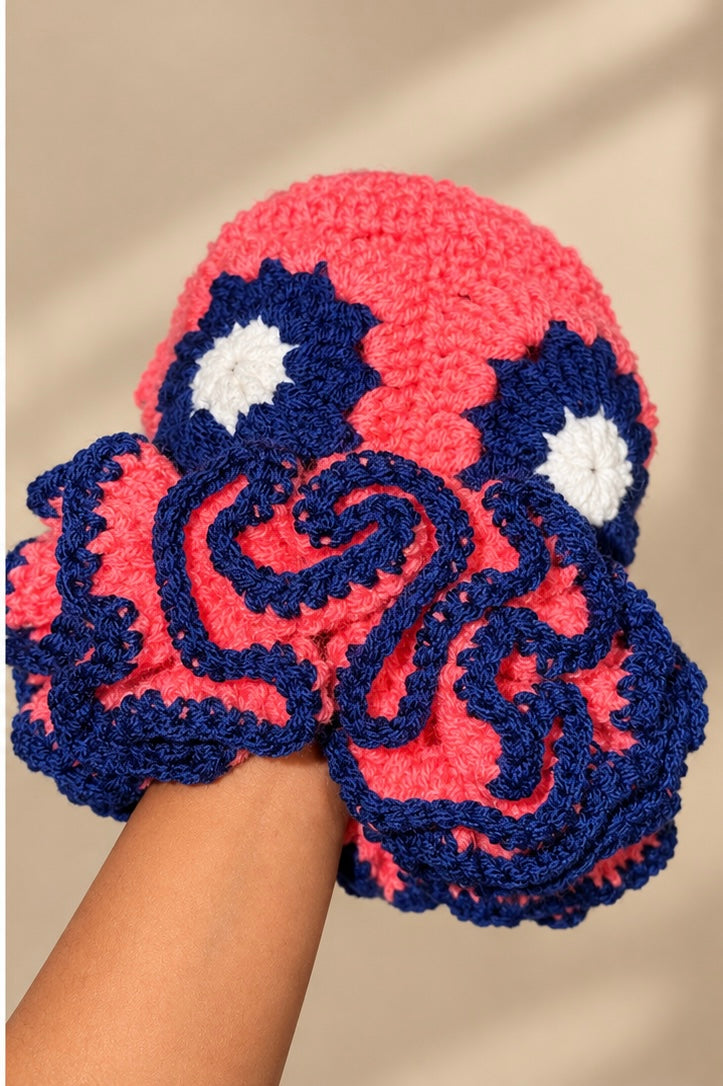 Handmade Crochet Ruffle Bucket Hat – Coral Pink & Navy Blue Floral Hat