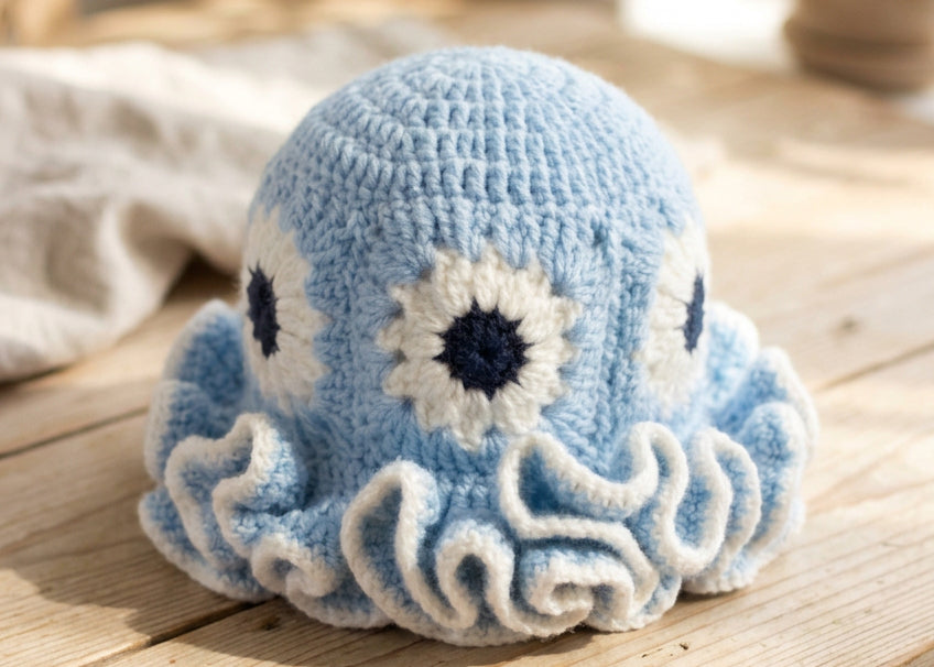 Handmade bleu and white crochet hat square