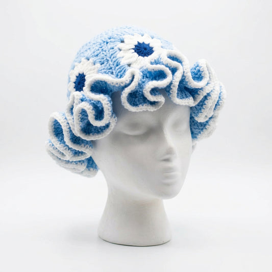 Handmade bleu and white crochet hat square