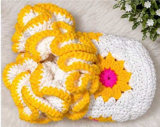 Handmade Crochet Ruffle Bucket Hat – Yellow & White Sunflower Hat with Pink Floral Center.
