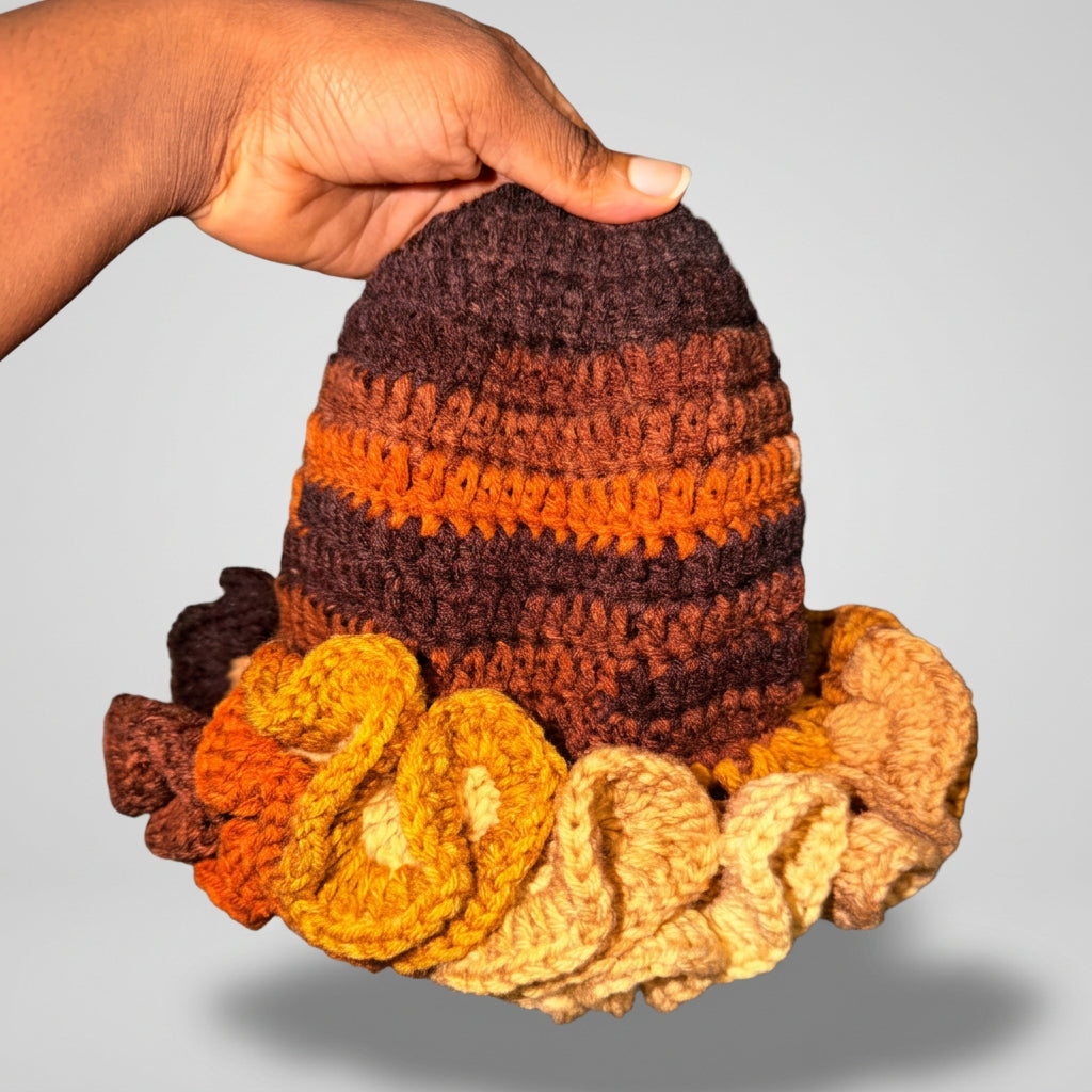 Handmade Crochet Ruffle Bucket Hat – Brown, Burnt Orange & Beige Multicolor Hat