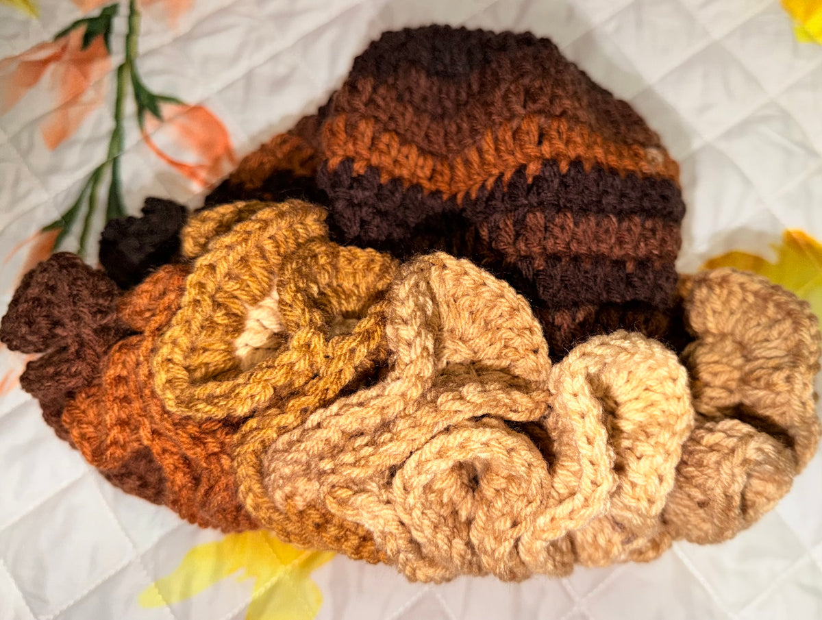 Handmade Crochet Ruffle Bucket Hat – Brown, Burnt Orange & Beige Multicolor Hat