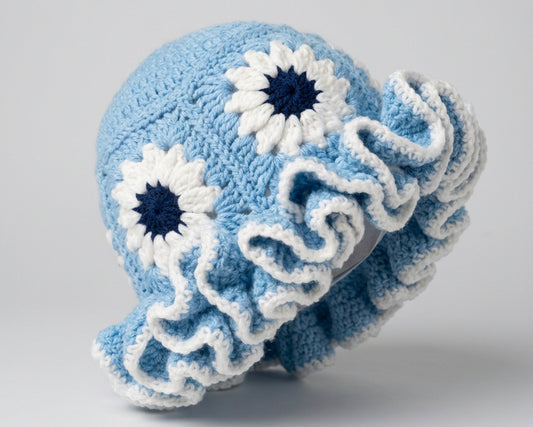 Handmade bleu and white crochet hat square