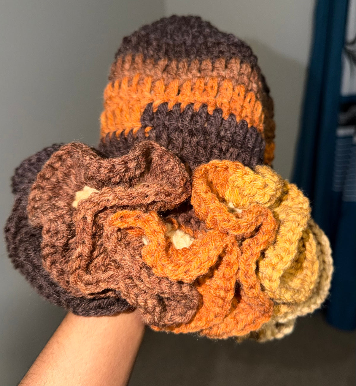 Handmade Crochet Ruffle Bucket Hat – Brown, Burnt Orange & Beige Multicolor Hat