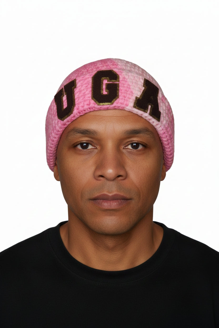 Pink Crochet Beanie With Dark 'UGA' Logo