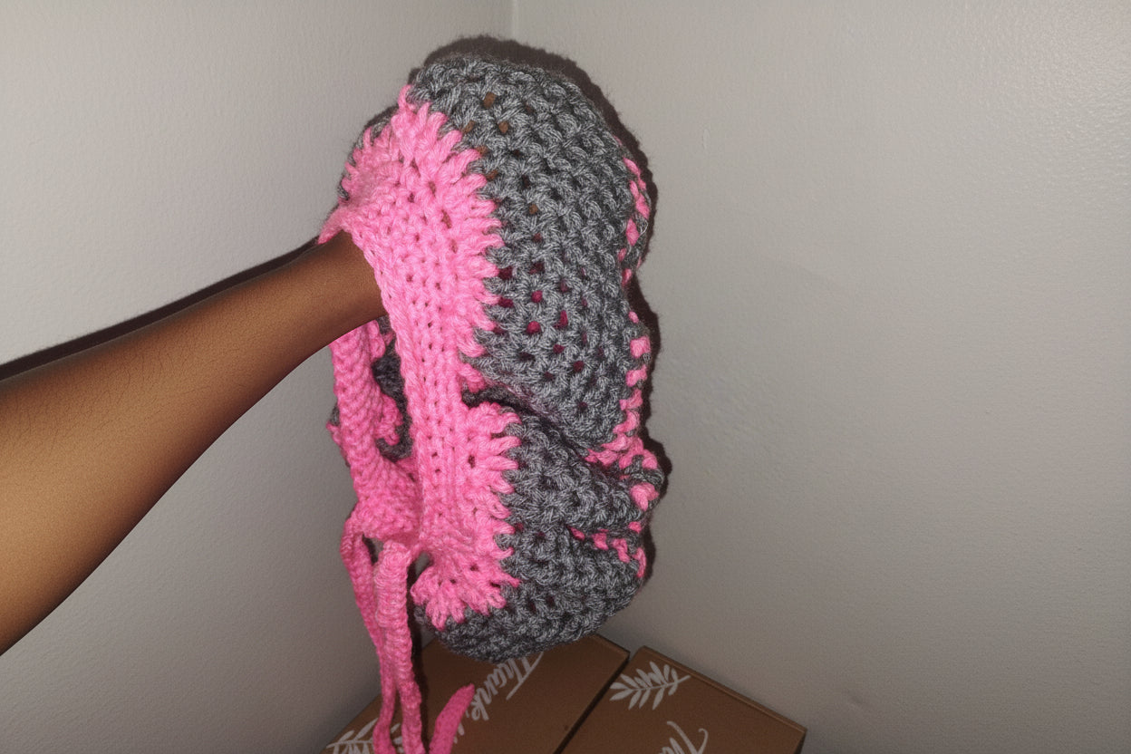 Handmade Crochet Waves Bonnet - Pink & Gray