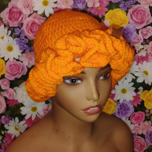 Handmade Crochet Ruffle Hat – Soft, Stretchy, Stylish Winter Bonnet (Bright Orange)