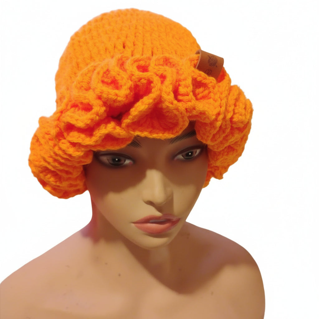 Handmade Crochet Ruffle Hat – Soft, Stretchy, Stylish Winter Bonnet (Bright Orange)