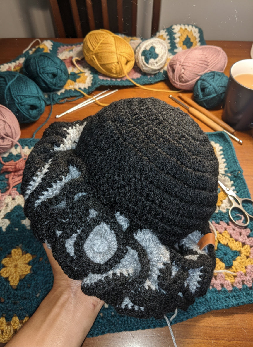 Black & White Ruffle Crochet Bucket Hat Handmade