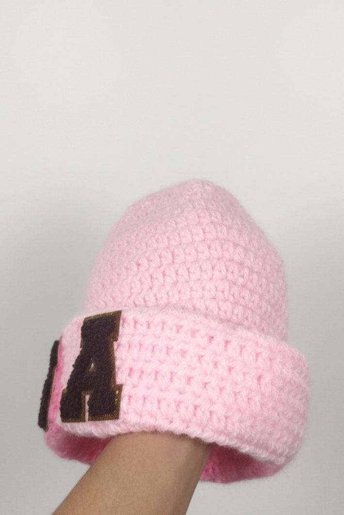 Pink Crochet Beanie With Dark 'UGA' Logo