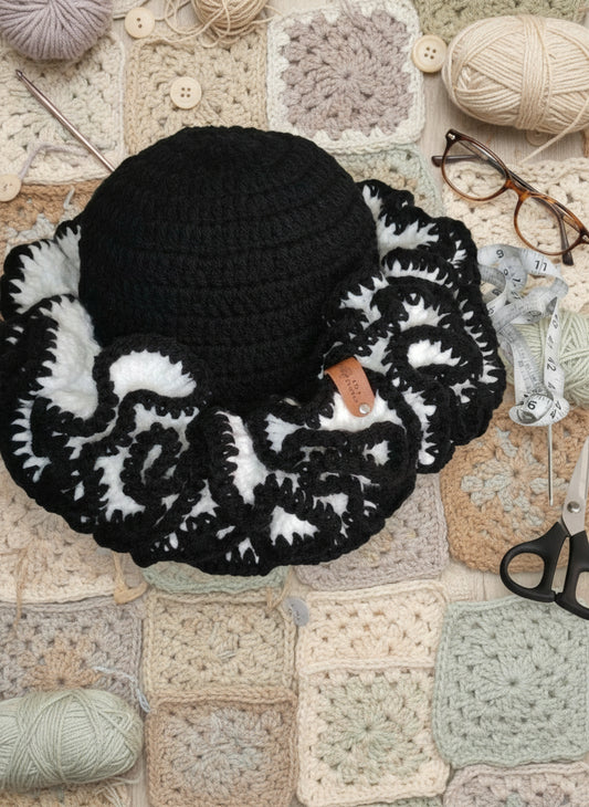 Black & White Ruffle Crochet Bucket Hat Handmade
