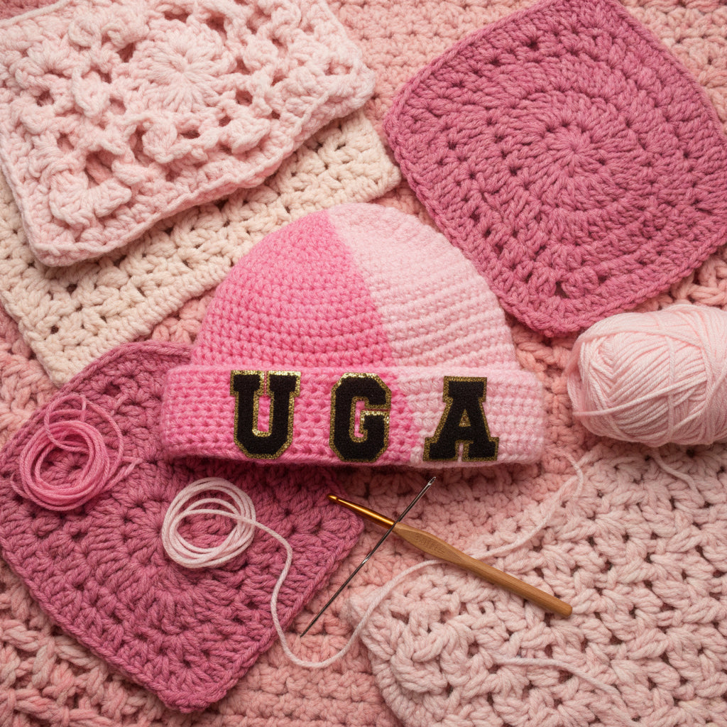 Pink Crochet Beanie With Dark 'UGA' Logo