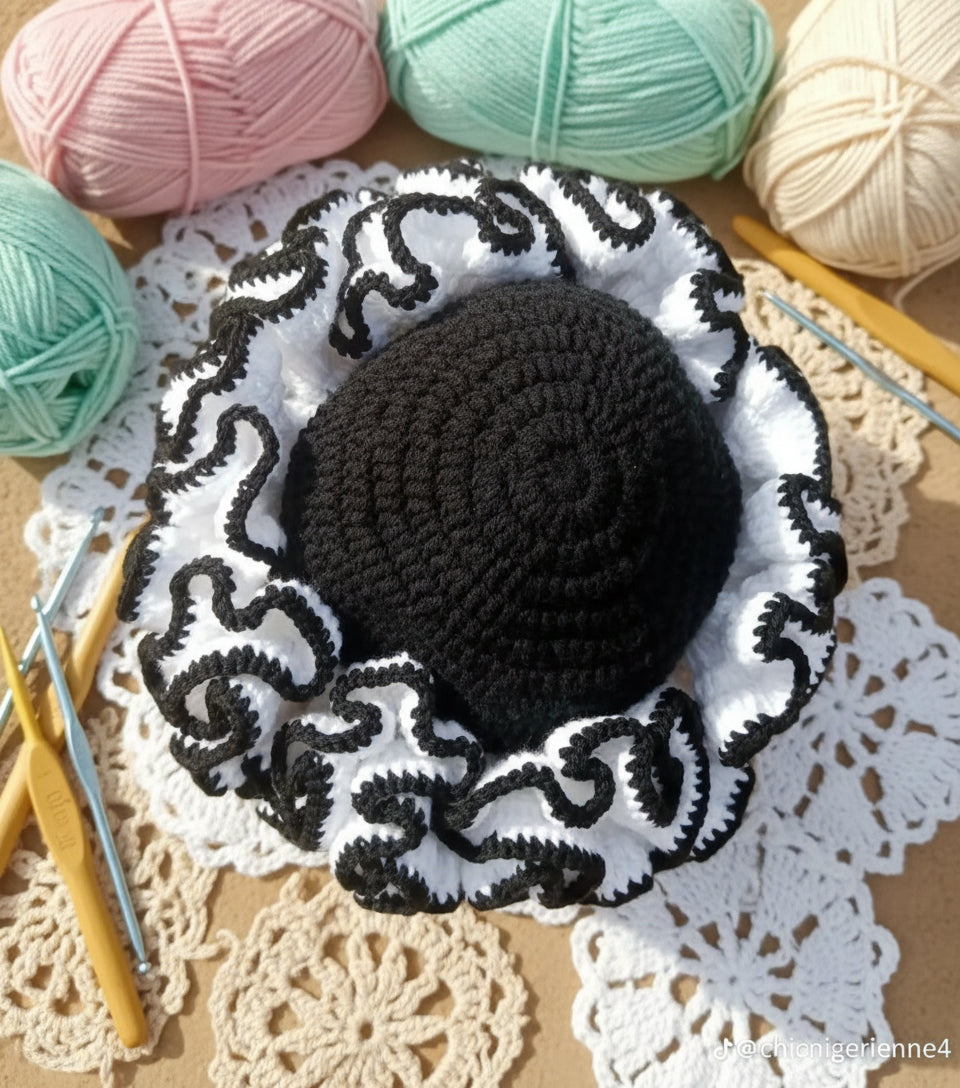 Black & White Ruffle Crochet Bucket Hat Handmade