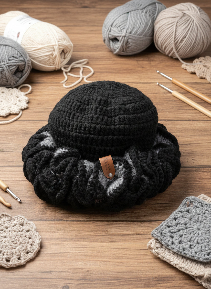 Black & White Ruffle Crochet Bucket Hat Handmade