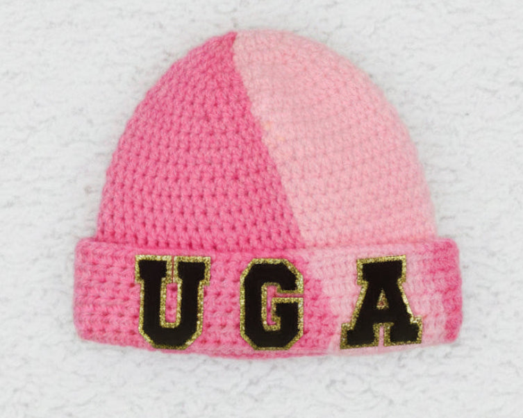 Pink Crochet Beanie With Dark 'UGA' Logo