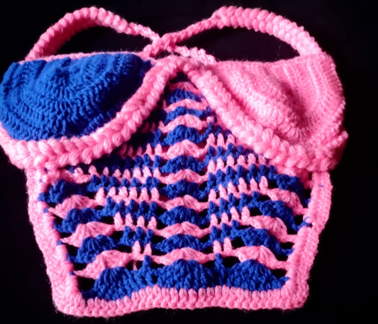 Handmade Blue & Pink Crochet Crop Top – Adjustable, Stretchy, Summer Wear