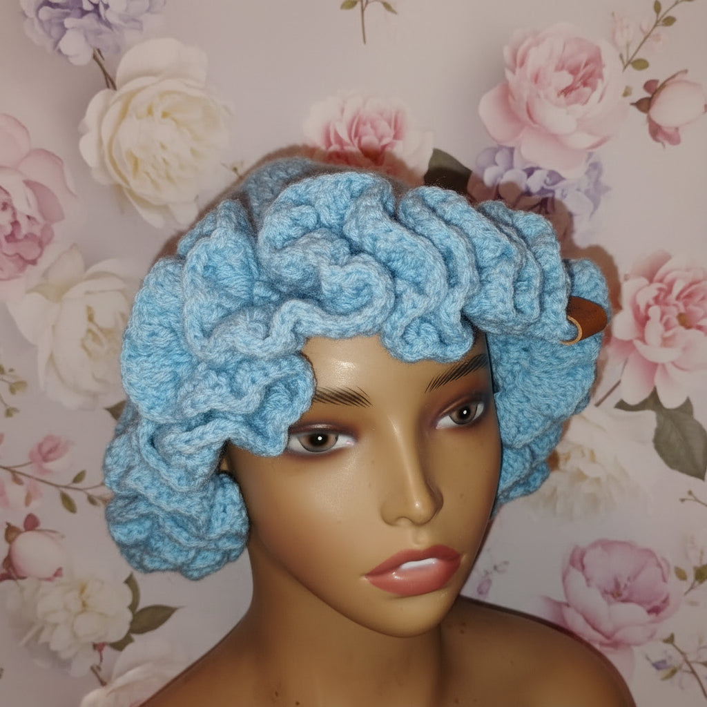 Handmade Blue Crochet Flower Bucket Hat – Women’s Ruffle Summer